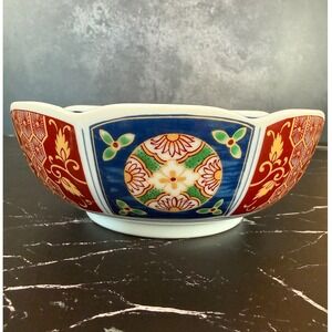 Vintage Imari Arita Ware Porcelain 6.5" Bowl Blue Red Scalloped Edge